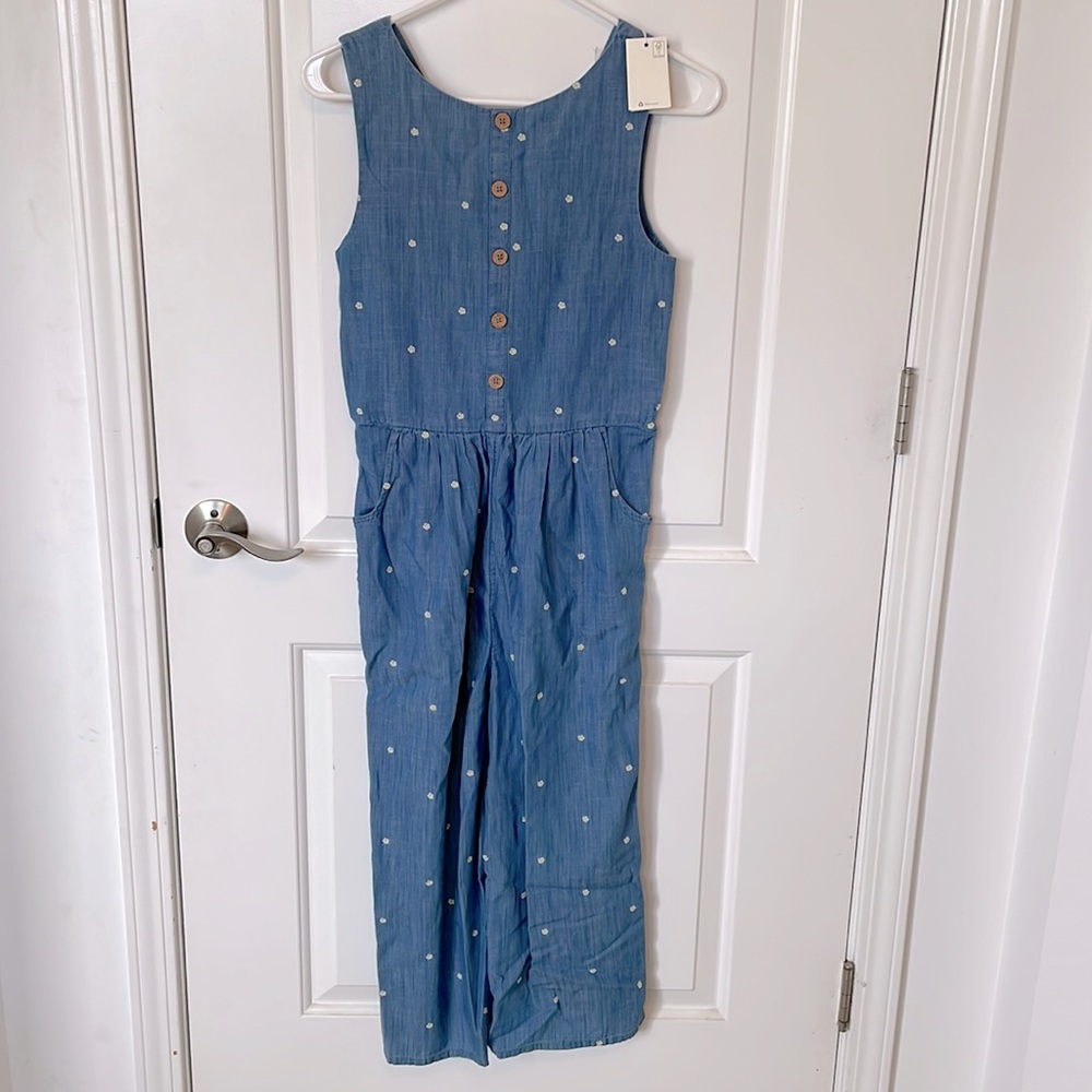 Boden, 13-14 blue pants romper/jumpsuit with embroidered flowers